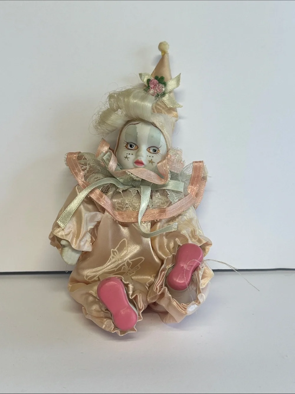 Porcelain Clown Doll in Pale Pink Costume - Decorative Kids Toy